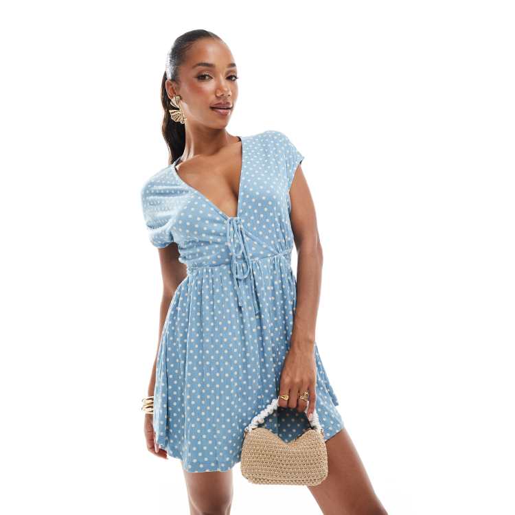 ASOS DESIGN crinkle short sleeve v neck tie front mini tea dress in blue polka dot ASOS
