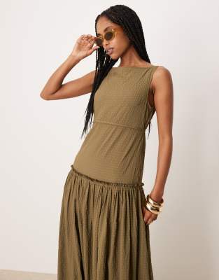 Asos Design Crinkle Slash Neck Maxi Dress With Seaming Detail In Brown