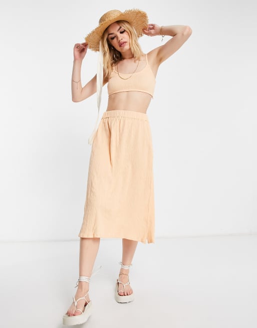 ASOS DESIGN crinkle split midi skirt in peach - part of a set