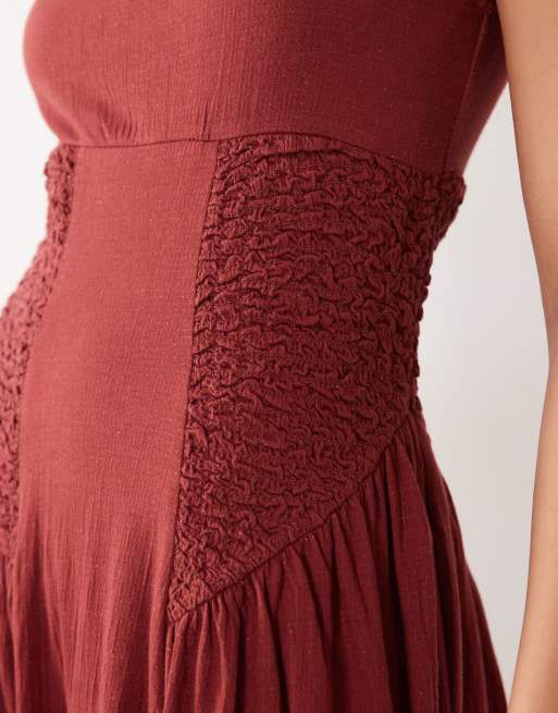 ASOS DESIGN crinkle square neck panel detail midi dress in brown rust, 3 of 4
