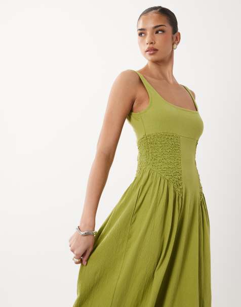 ASOS DESIGN crinkle square neck panel detail midi dress in citrus green - view 1