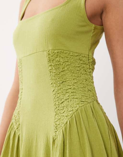 ASOS DESIGN crinkle square neck panel detail midi dress in citrus green, 4 of 4