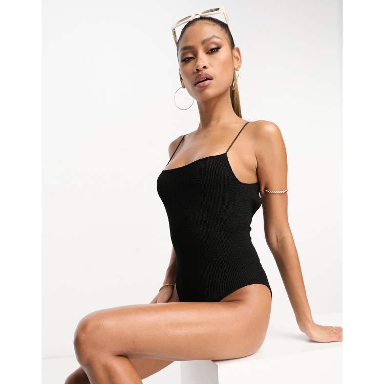 ASOS DESIGN crinkle square neck skinny strap swimsuit in black