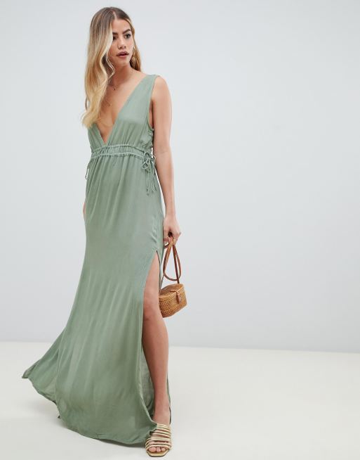 ASOS DESIGN – Crinkle-Strandkleid mit geraffter Taille und nach hinten abfallendem Saum