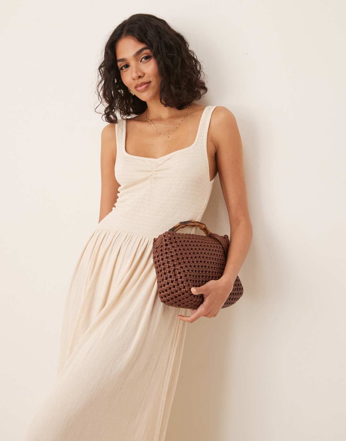ASOS DESIGN crinkle sweetheart neck midi dress in stone