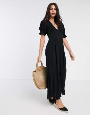 ASOS DESIGN crinkle tea jumpsuit with puff sleeve in black | ASOS