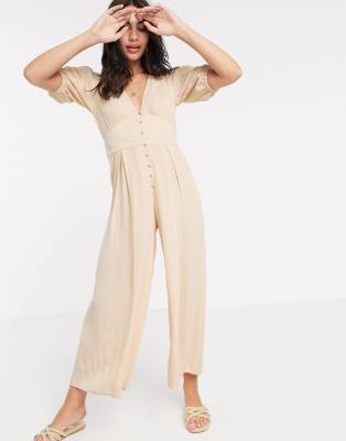 Asos Design Crinkle Tea Jumpsuit With Puff Sleeve In Stone-multi