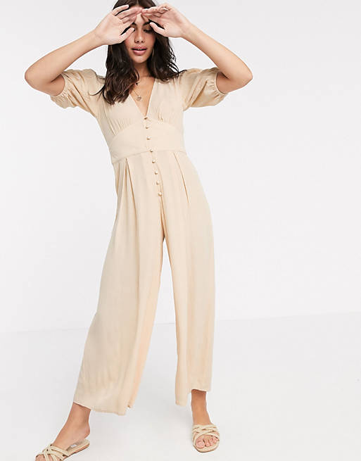  crinkle tea jumpsuit with puff sleeve in stone 