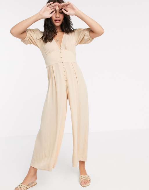 ASOS DESIGN crinkle tea jumpsuit with puff sleeve in stone | ASOS