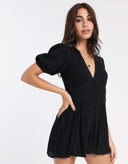 ASOS DESIGN crinkle tea playsuit with puff sleeve in black | ASOS