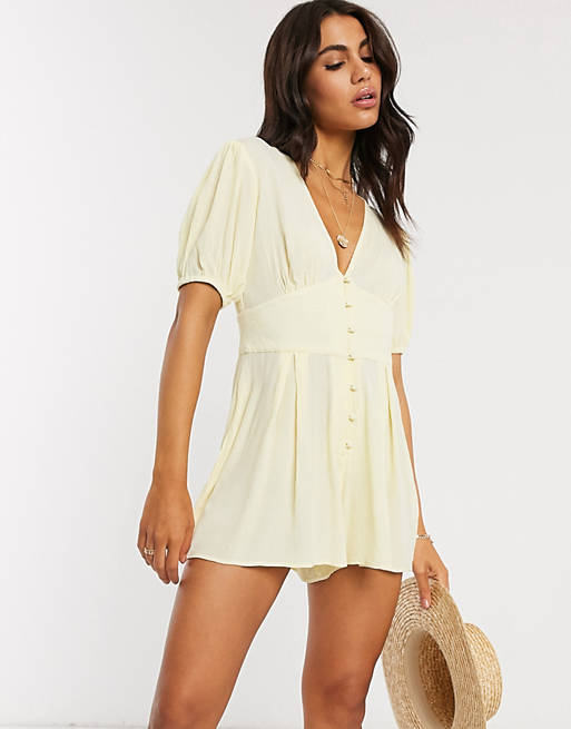 Jumpsuits & Playsuits crinkle tea playsuit with puff sleeve in lemon 