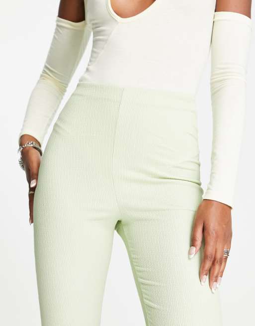 ASOS DESIGN crinkle texture flare trouser in green, 3 of 4