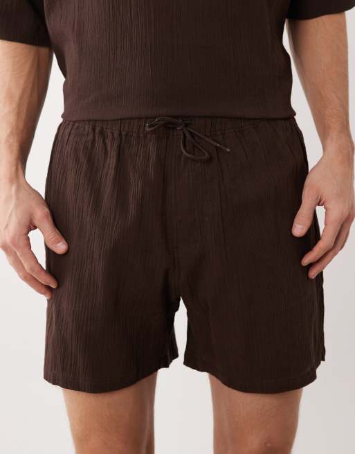 ASOS DESIGN crinkle texture mid-length shorts in brown (Part of a set), 4 of 5
