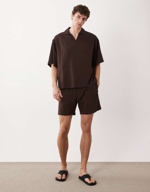 ASOS DESIGN crinkle texture shorts in mid length in brown - part of a set, 2 of 5