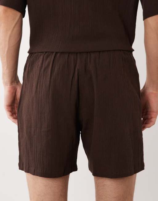 ASOS DESIGN crinkle texture shorts in mid length in brown - part of a set, 5 of 5