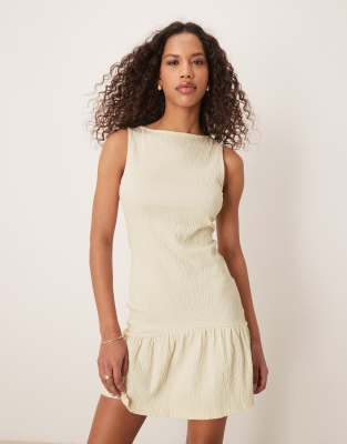 ASOS DESIGN crinkle texture sleeveless slash neck peplum skirt mini dress in stone-Neutral