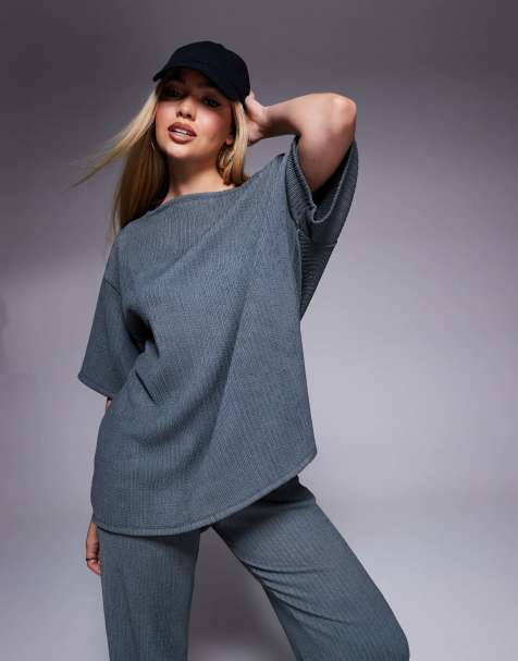 ASOS DESIGN crinkle textured off shoulder co-ord top in slate grey - view 1