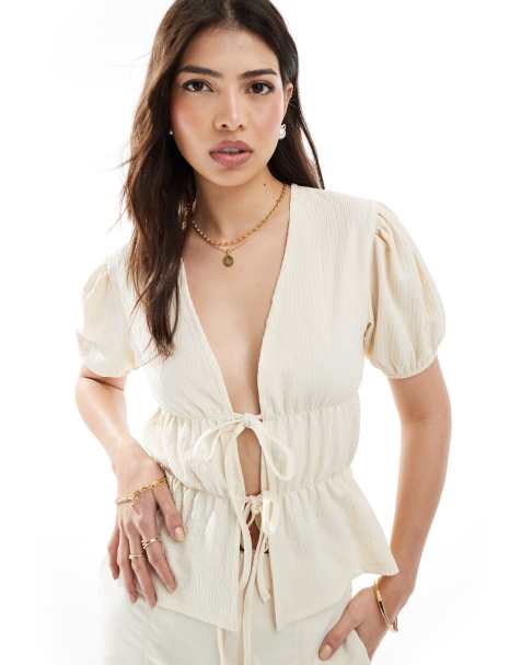 ASOS DESIGN crinkle textured puffball top with tie in ecru - view 1