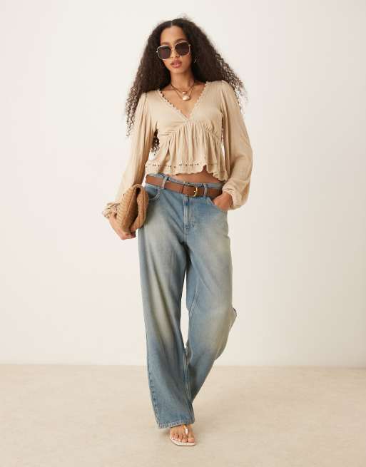 ASOS DESIGN crinkle tie back balloon sleeve top with lace trim in stone