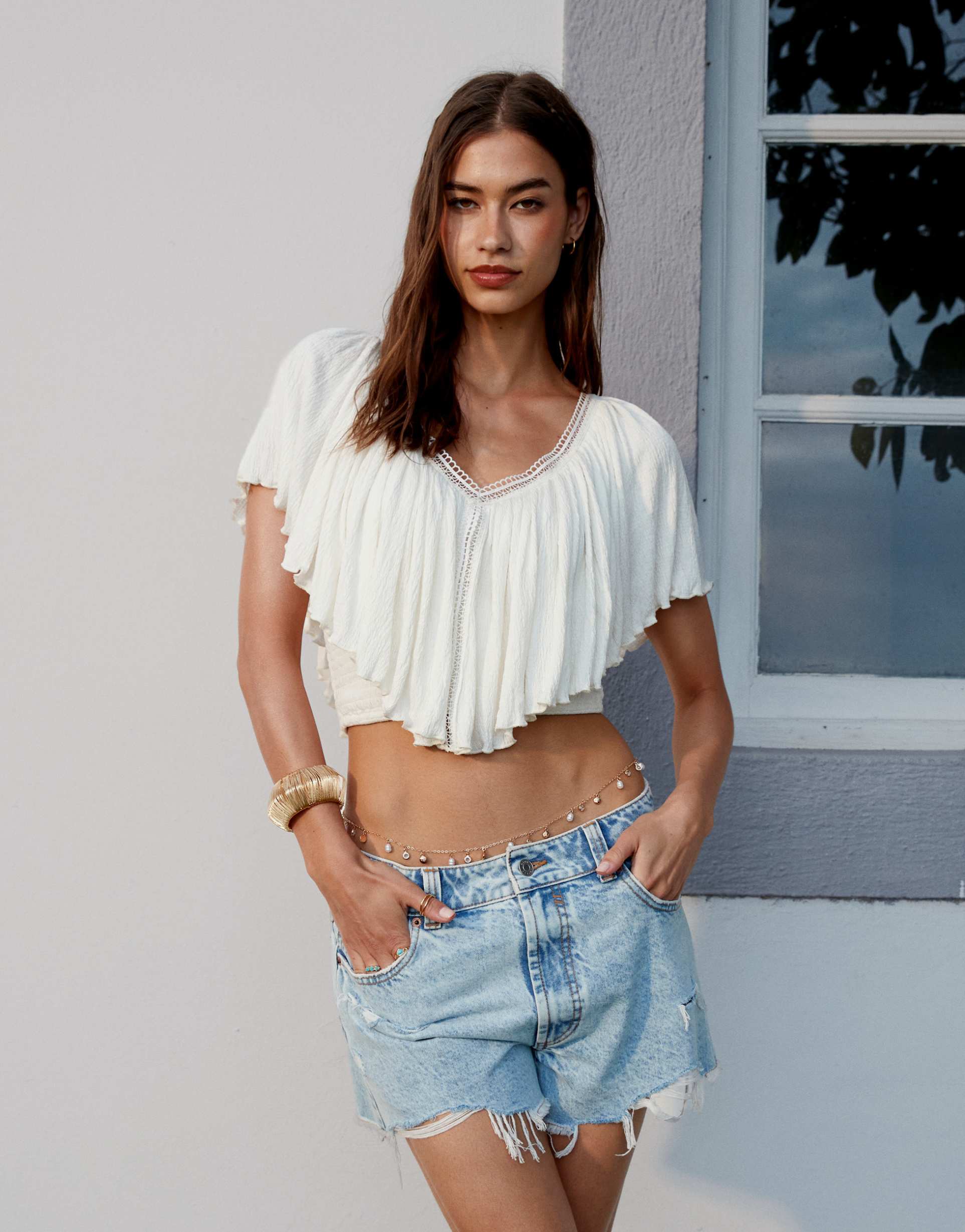 asos design crinkle tie back cape top in ecru