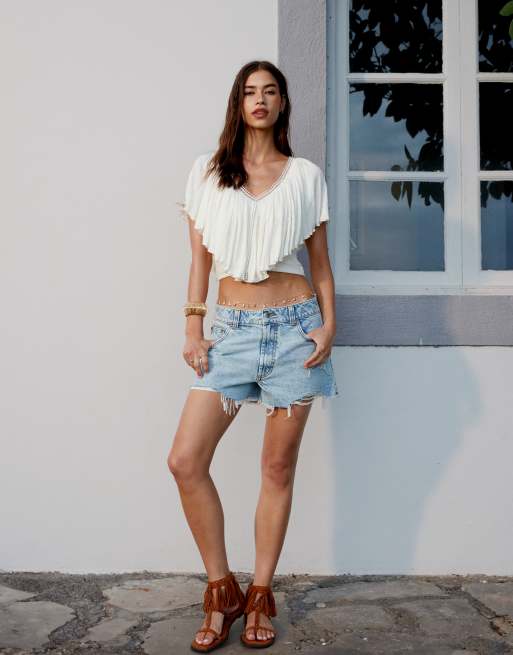 ASOS DESIGN crinkle tie back cape top in ecru