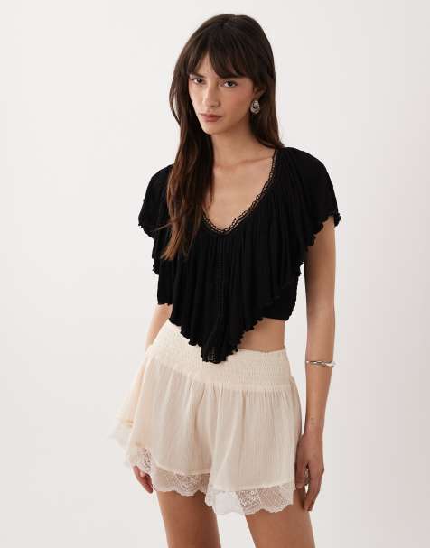 ASOS DESIGN crinkle tie back flutter sleeve top with lace trim in black  - view 1