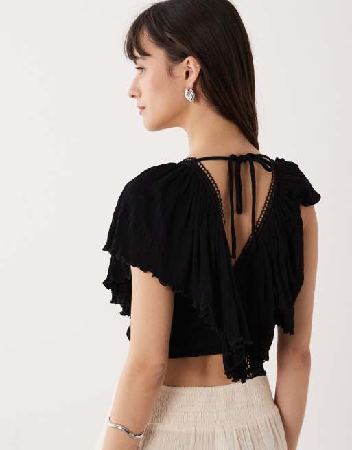 ASOS DESIGN crinkle tie back flutter sleeve top with lace trim in black , 4 of 4