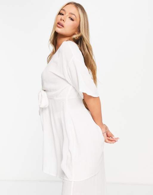 ASOS DESIGN Maternity plunge tie waist kimono sleeve crinkle beach cover up  in white