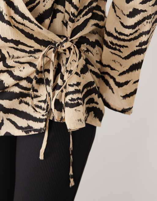 ASOS DESIGN crinkle tie front cover up in zebra print, 3 of 4