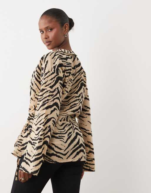 ASOS DESIGN crinkle tie front cover up in zebra print, 4 of 4