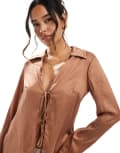 [ASOS DESIGN] ASOS DESIGN crinkle tie front longline top in rust-Copper 4 RUST