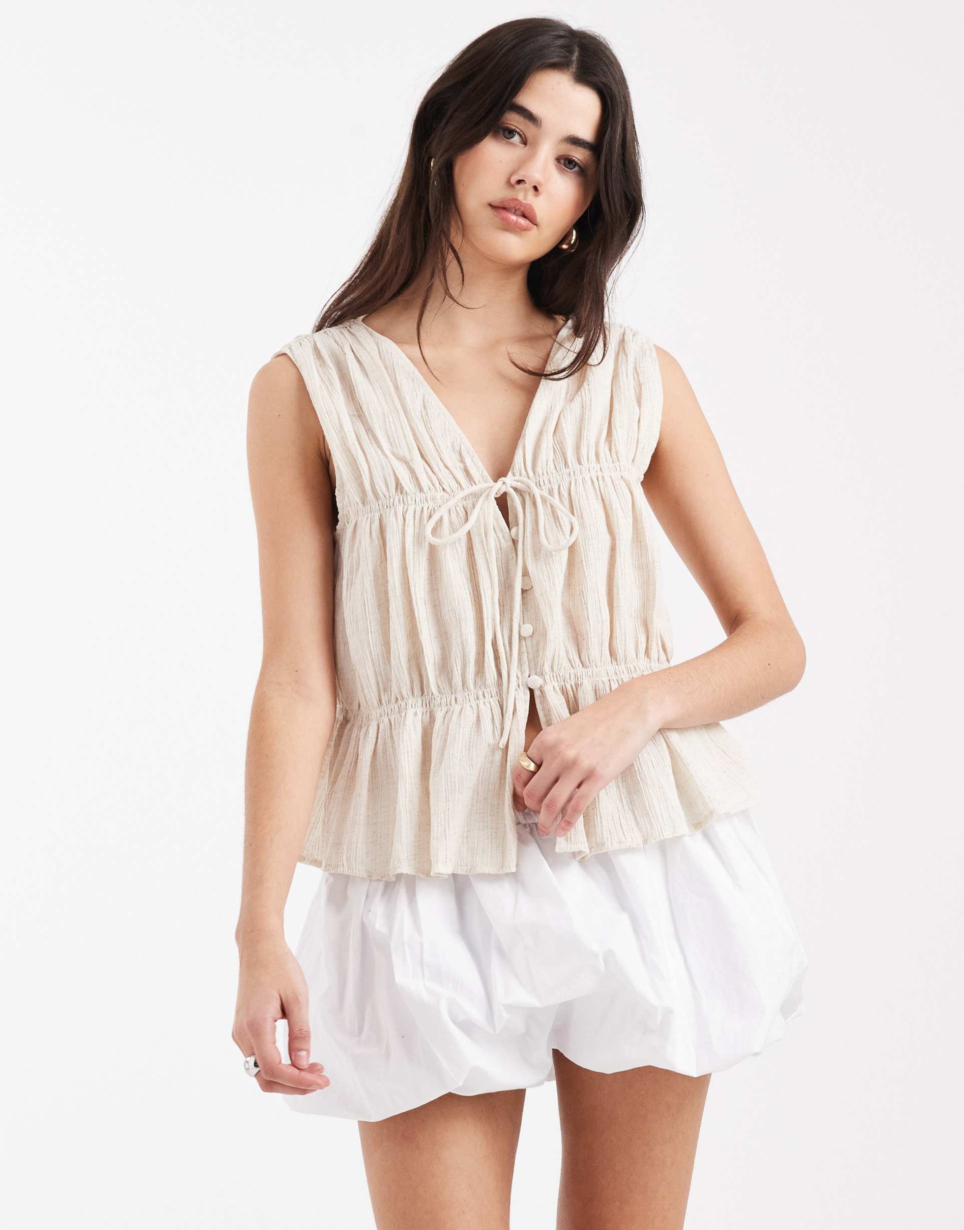 asos design crinkle tie front vest in cream