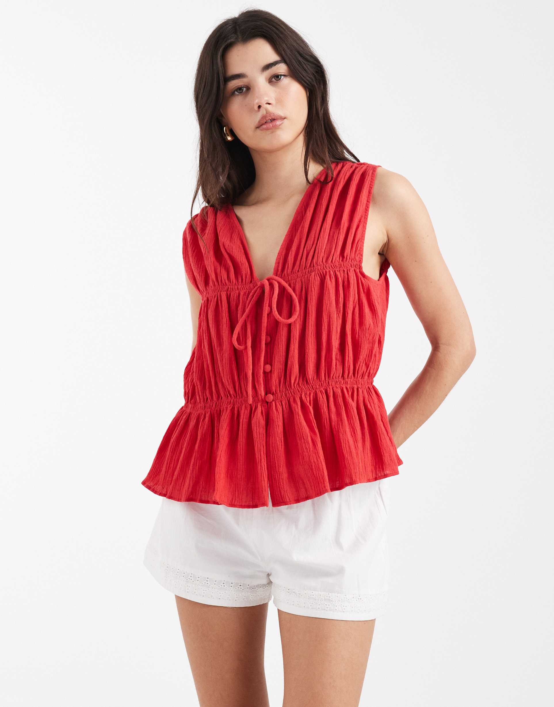 asos design crinkle tie front vest in red