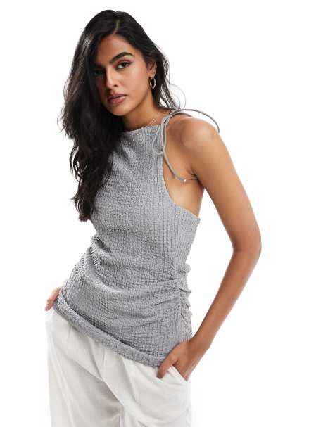 ASOS DESIGN crinkle tie one shoulder top in grey - view 1