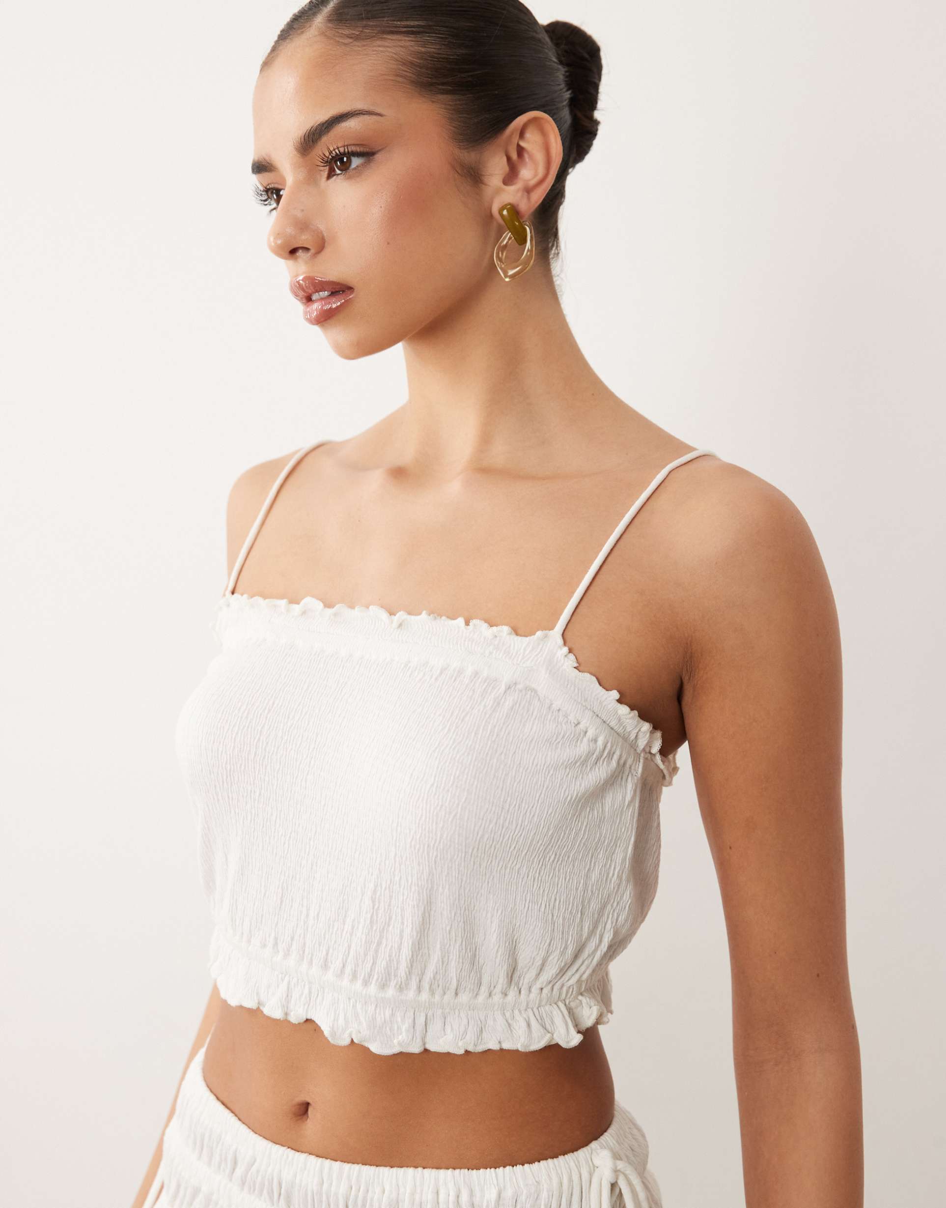 asos design crinkle tie shoulder cami top in white - part of a set