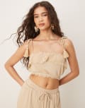 [ASOS DESIGN] ASOS DESIGN crinkle tie shoulder lace trim bralet top in stone (Part of a set)-Neutral 10 Stone