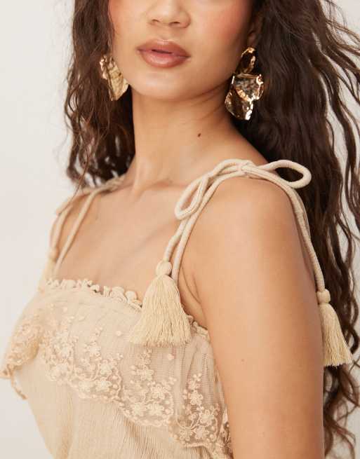 ASOS DESIGN crinkle tie shoulder lace trim bralet top in stone (Part of a set), 3 of 4