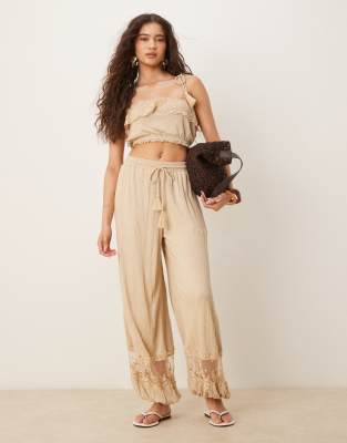 Asos Design Crinkle Tie Shoulders Lace Trim Bralette Top In Nude