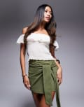 [ASOS DESIGN] ASOS DESIGN crinkle tie side mini skirt in khaki-Green 18 Khaki