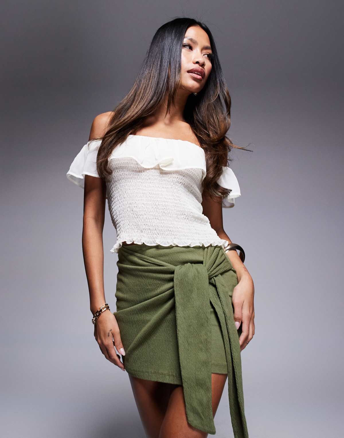 ASOS DESIGN crinkle tie side mini skirt in khaki