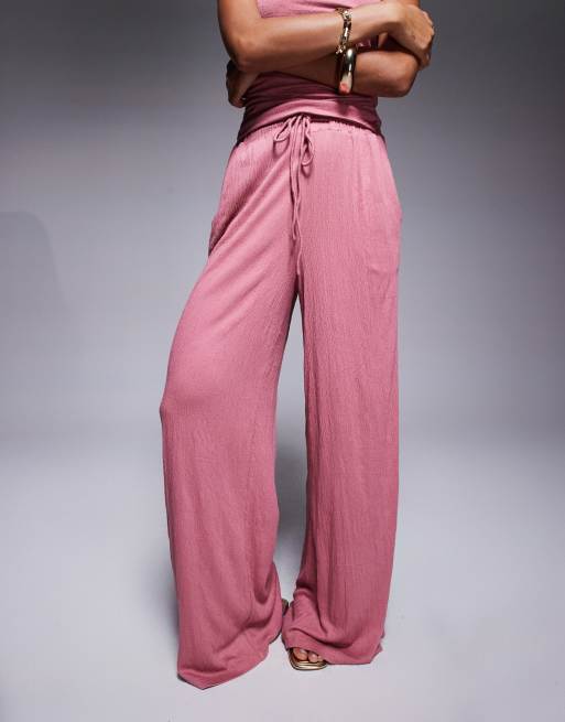 ASOS DESIGN crinkle tie waist wide leg pants in dusty rose - part of a set