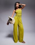 [ASOS DESIGN] ASOS DESIGN crinkle tie waist wide leg pants in olive (part of a set)-Green 12 Olive