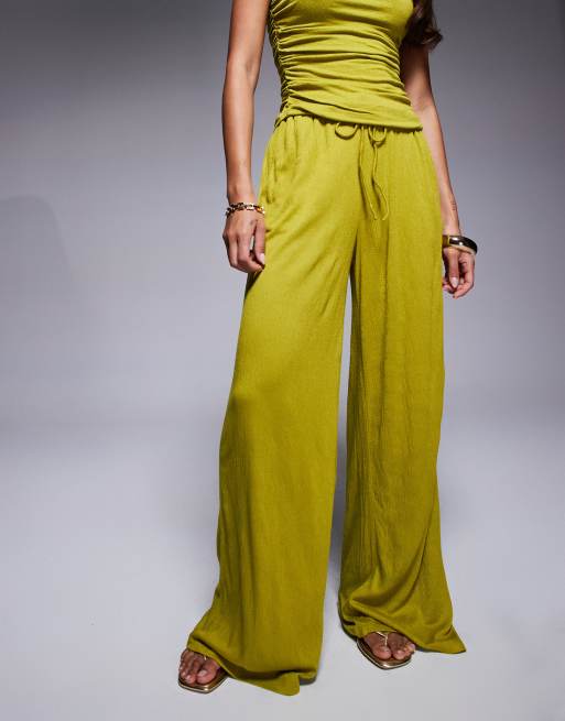 ASOS DESIGN crinkle tie waist wide leg pants in olive - part of a set