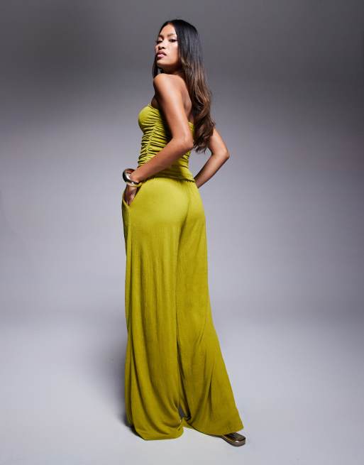 ASOS DESIGN crinkle tie waist wide leg pants in olive - part of a set