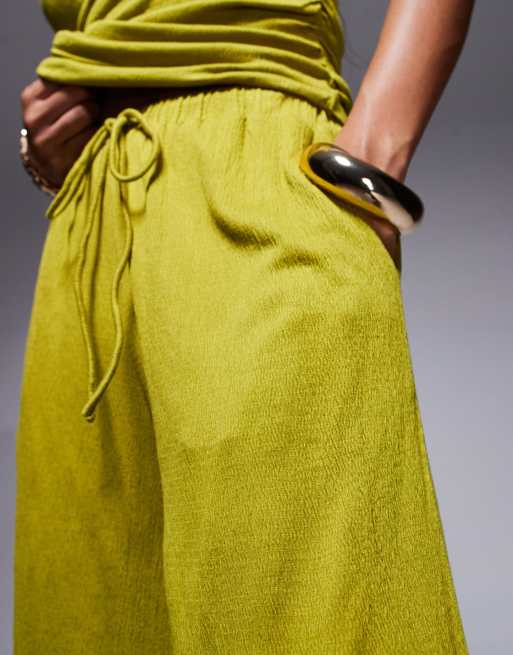 ASOS DESIGN crinkle tie waist wide leg pants in olive - part of a set