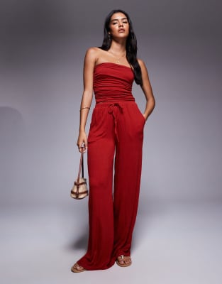 crinkle tie waist wide leg pants in rust-Brown
