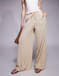 [ASOS DESIGN] ASOS DESIGN crinkle tie waist wide leg pants in stone (part of a set)-Neutral 12 Stone