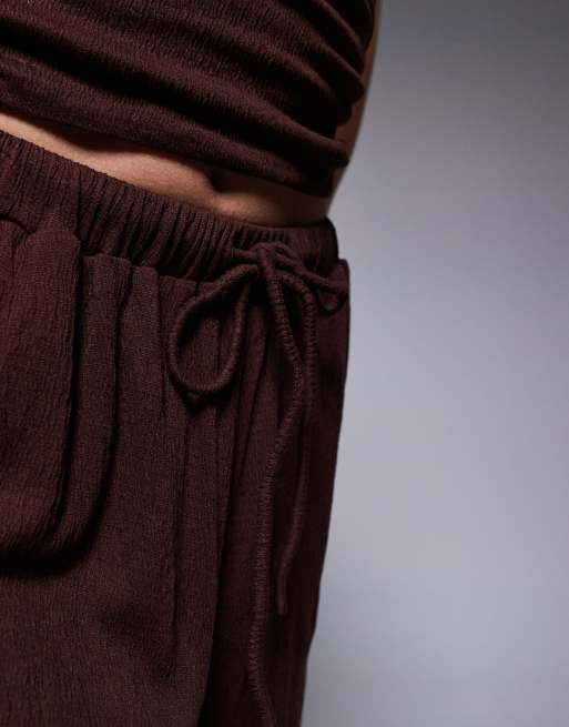 ASOS DESIGN crinkle tie waist wide leg trouser co ord in brown, 2 of 5