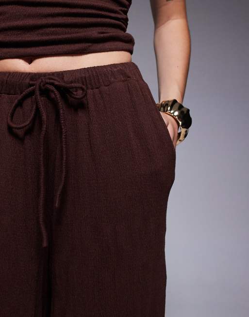 ASOS DESIGN crinkle tie waist wide leg trouser co ord in brown, 3 of 5