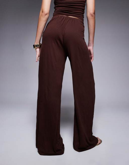 ASOS DESIGN crinkle tie waist wide leg trouser co ord in brown, 4 of 5